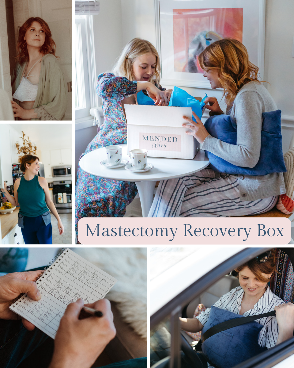 Collage of mastectomy recovery gift box items