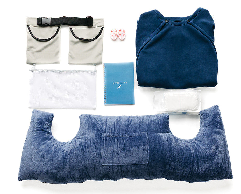 Lay flat image of the items included in the Complete Recovery Crew Bundle — Post-Surgery Recovery Kit with Recovery Sweater