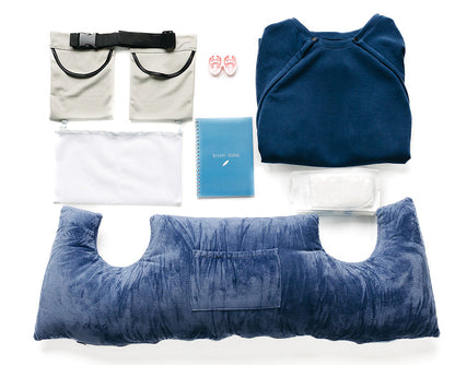 Lay flat image of the items included in the Complete Recovery Crew Bundle — Post-Surgery Recovery Kit with Recovery Sweater