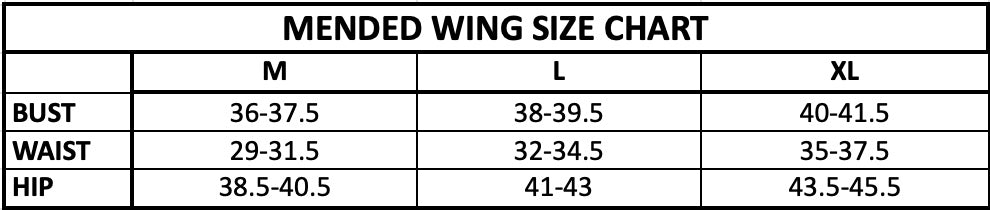 Mended Wing size chart with measurements for bust, waist, and hip in M, L, and XL.