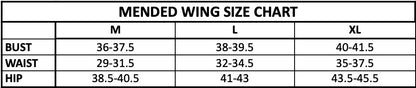 Mended Wing size chart with measurements for bust, waist, and hip in M, L, and XL.