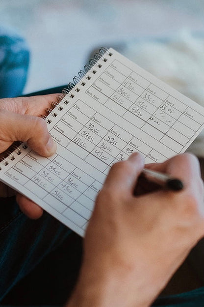 Detailed view of the drain log book journal showing the output numbers for each post-surgical drain for morning, afternoon, and evening measurements.